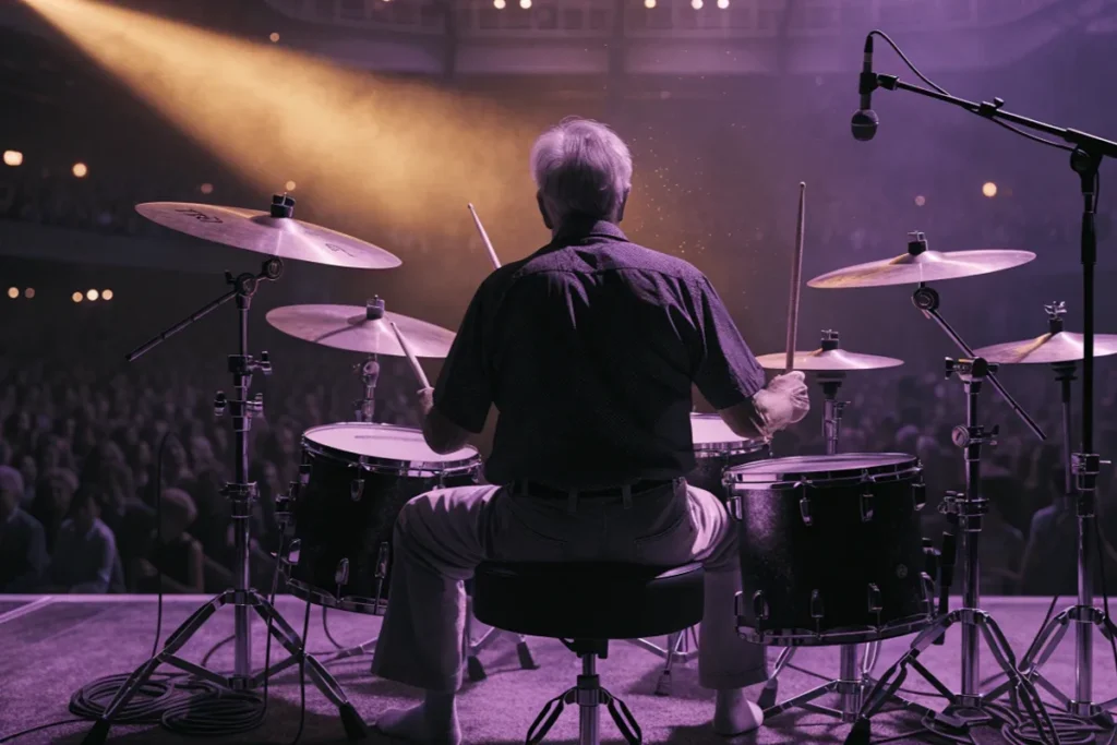 Un batteur de rock sur scène évoquant Ian Paice