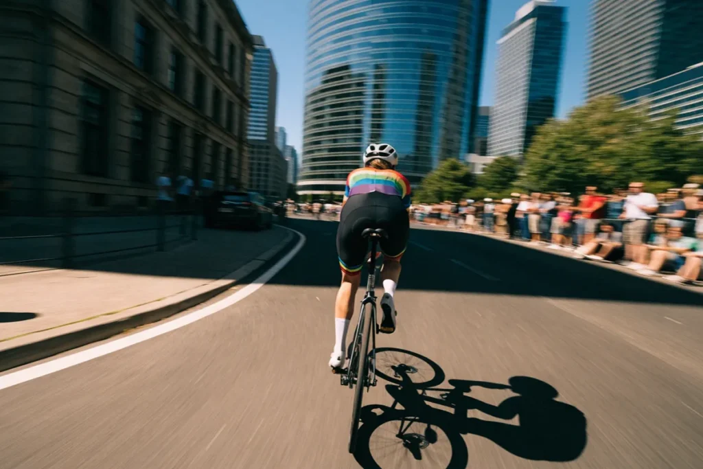 une cycliste professionnelle sur un circuit urbain, portant un maillot arc-en-ciel évoquant Demi Vollering
