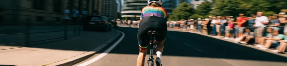 une cycliste professionnelle sur un circuit urbain, portant un maillot arc-en-ciel évoquant Demi Vollering