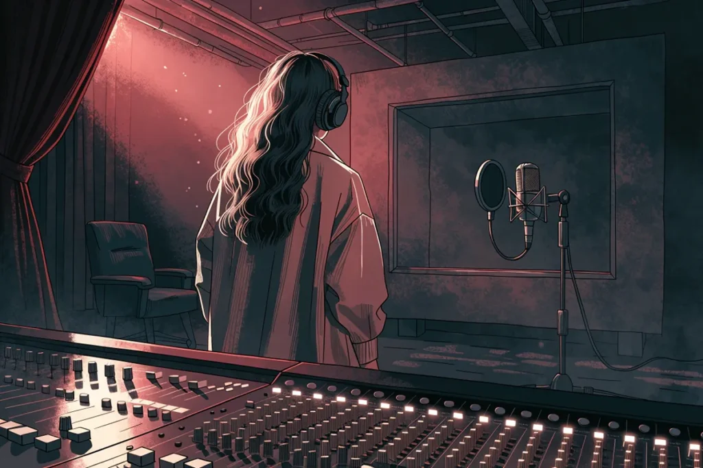 Une jeune femme dans un studio musical moderne évoquant Dove Cameron