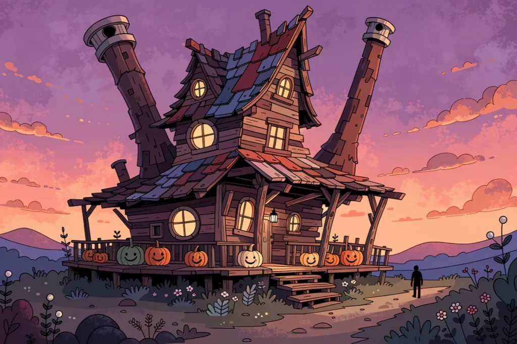 Une maison fantaisie éclairée par des lanternes automnales