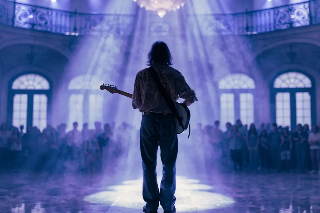 Silhouette d’un guitariste sur scène, évoquant un concert immersif à Paris