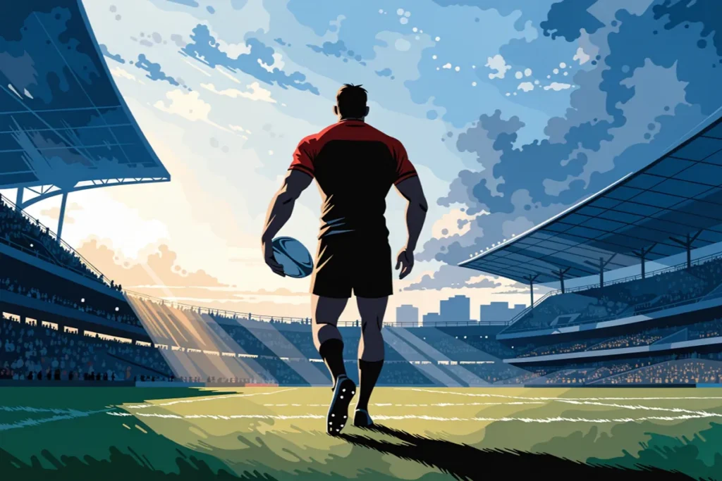 Un joueur de rugby vu de dos dans les couleurs du Stade Toulousain, évoquant Emmanuel Meafou
