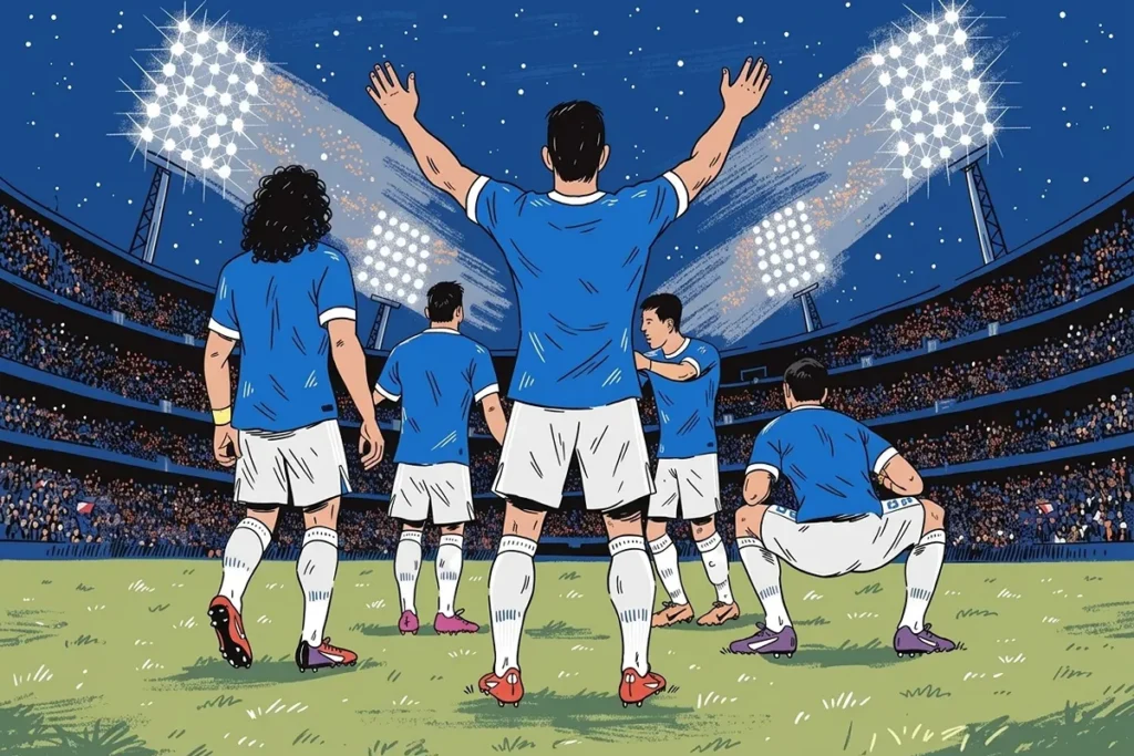 Des joueurs français de dos dans un stade éclairé après un match évoquant l’équipe de France