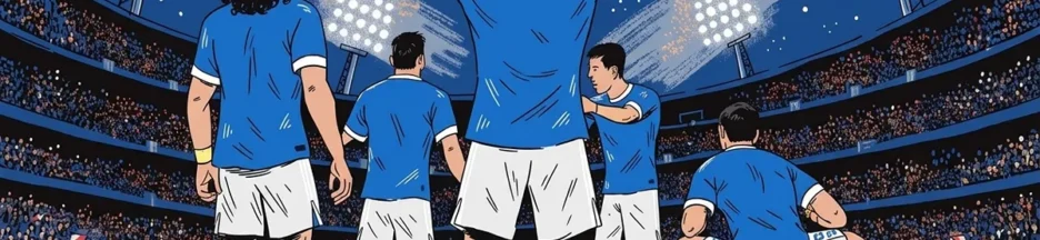 Des joueurs français de dos dans un stade éclairé après un match évoquant l’équipe de France