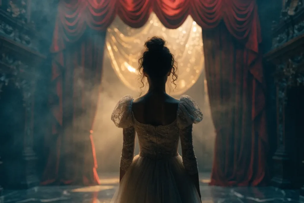 Une danseuse contemple une scène d'opéra rappelant Le Fantôme de l’Opéra