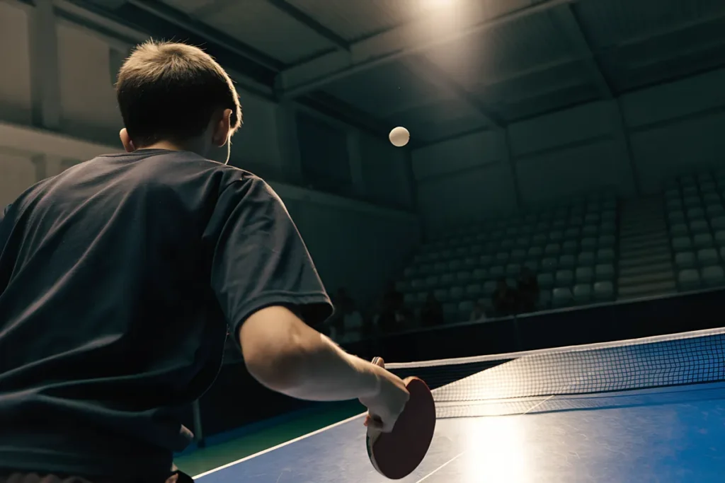 Un jeune pongiste dans une salle de compétition, évoquant Félix Lebrun