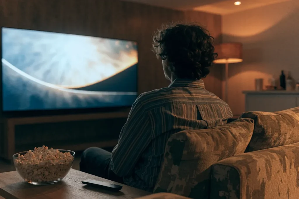 Un adulte installé devant une télévision, évoquant une soirée cinéma lors de la fête de la VOD