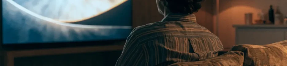 Un adulte installé devant une télévision, évoquant une soirée cinéma lors de la fête de la VOD