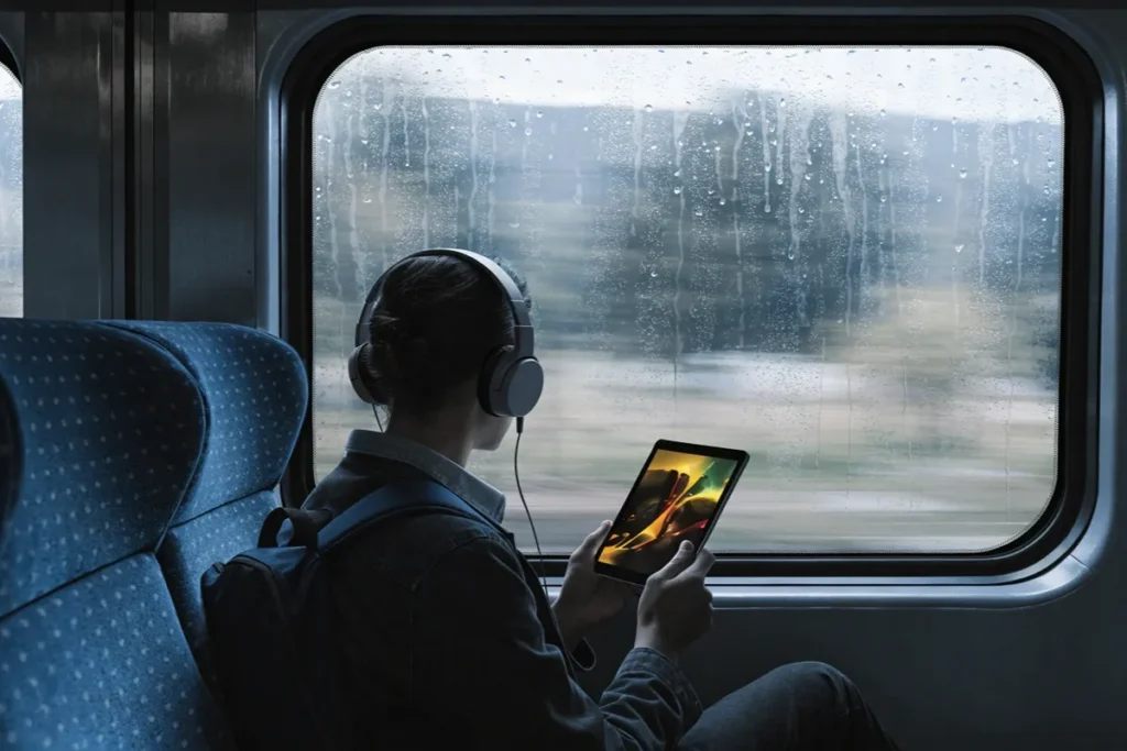 : Un voyageur consulte une tablette dans un train évoquant une pause cinéma pendant un déplacement