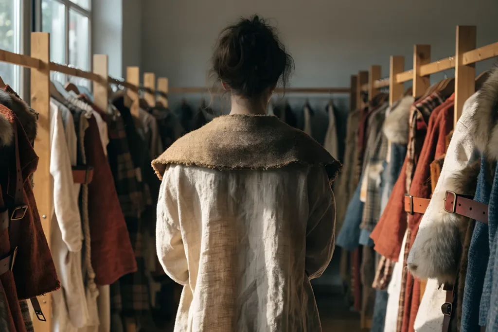 Un essayage de costume gaulois dans un atelier de cinéma évoquant le film Astérix