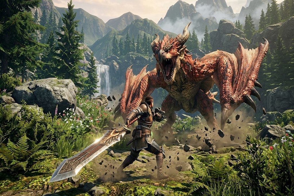 Un chasseur dans le jeu vidéo Monster Hunter Rise