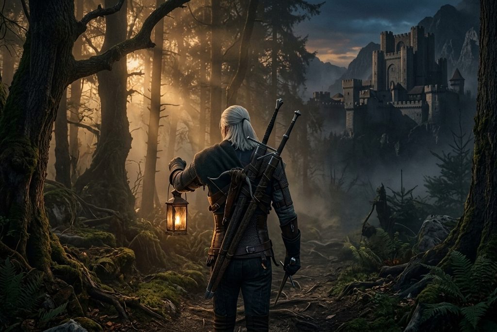 Un personnage similaire à Geralt dans la forêt