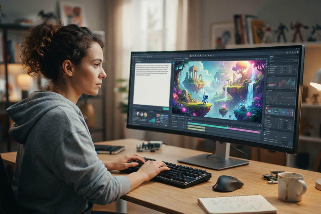 Une jeune femme qui crée un jeu vidéo sur un logiciel comme Google Playground