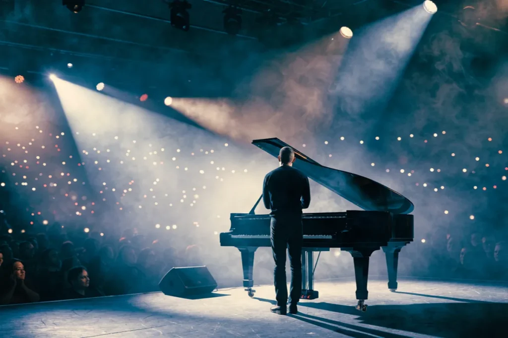Concert pop dans une ambiance lumineuse et intimiste rapelant Harry Styles
