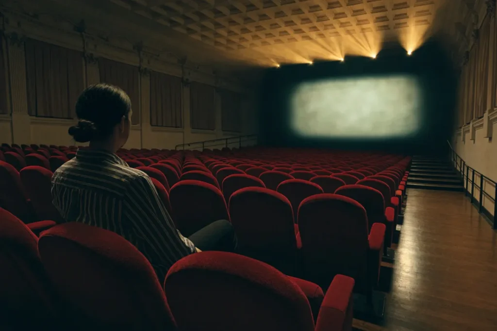 spectateur dans une salle de cinéma évoquant la carrière d’Hilary Swank