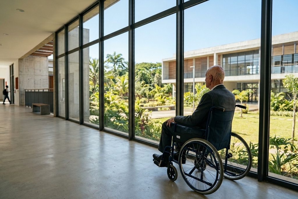 Homme âgé et chauve dans un fauteuil roulant