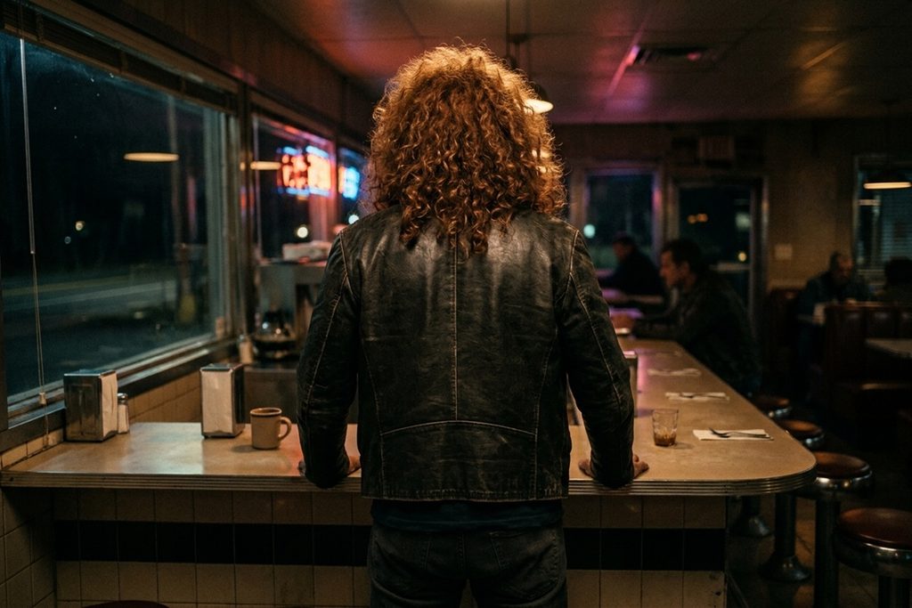 Homme aux cheveux bouclés roux-brun dans un bar