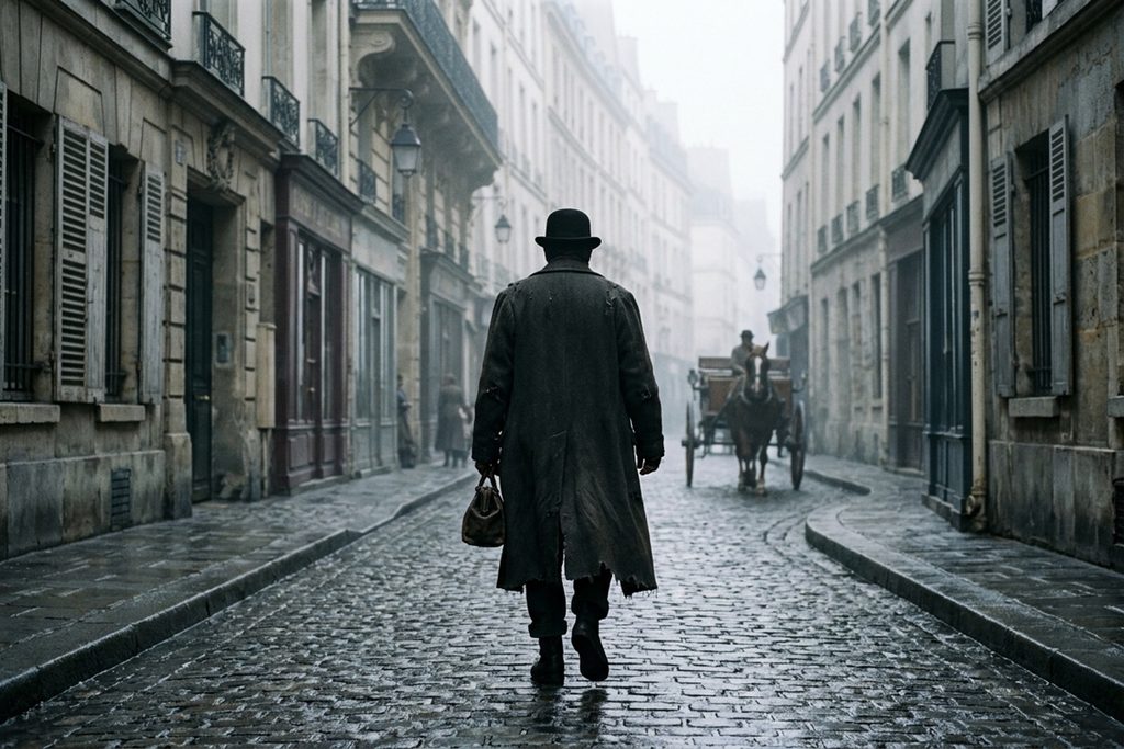 Homme solitaire marchant dans une rue parisienne du XIXe siècle