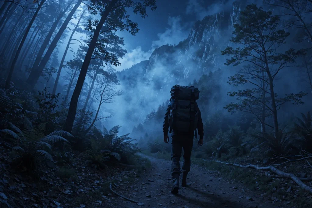 une silhouette dans une forêt mystérieuse au crépuscule évoquant Hope