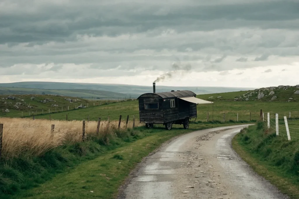 Une caravane dans un paysage rural irlandais, évoquant le documentaire Irish Travellers