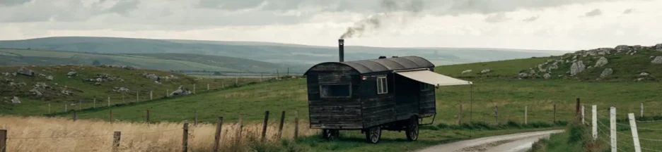Une caravane dans un paysage rural irlandais, évoquant le documentaire Irish Travellers