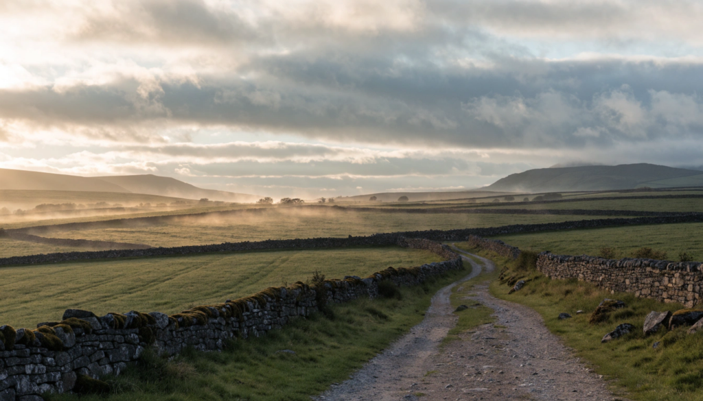 Paysage de campagne irlandaise avec prairies verdoyantes et chemin rural