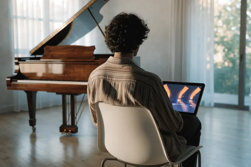 Amateur de musique fictif utilisant une tablette évoquant Jean-Jacques Goldman