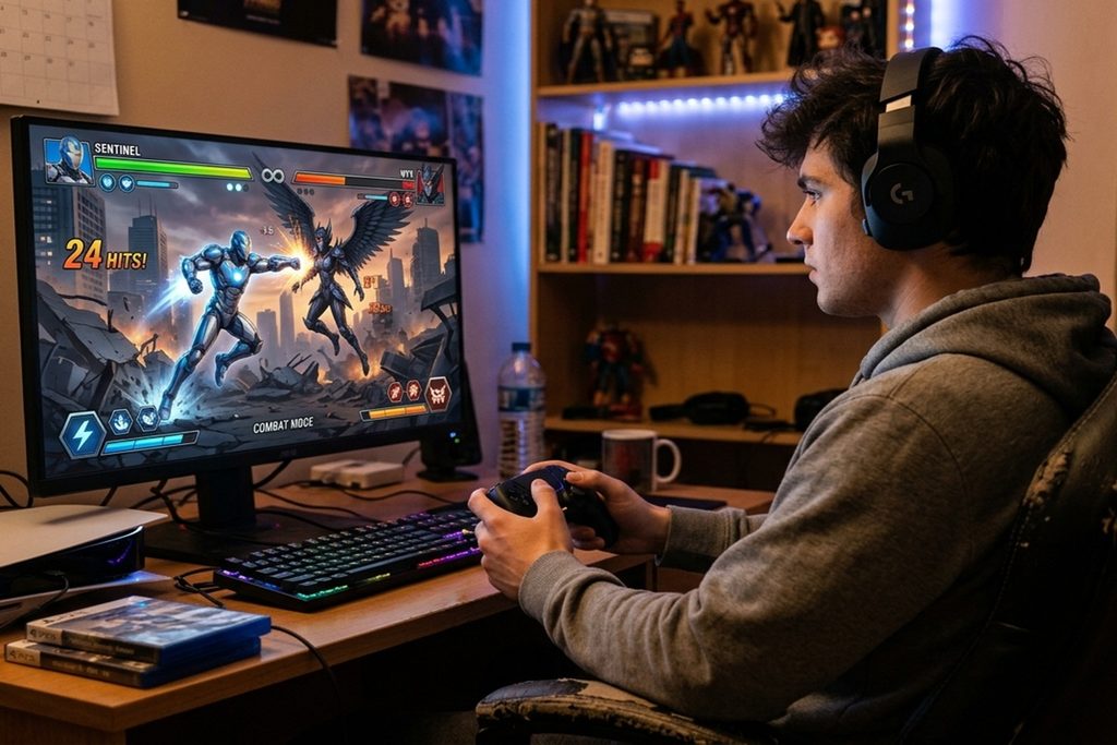 Un jeune homme testant un jeu de combat versus sur PC