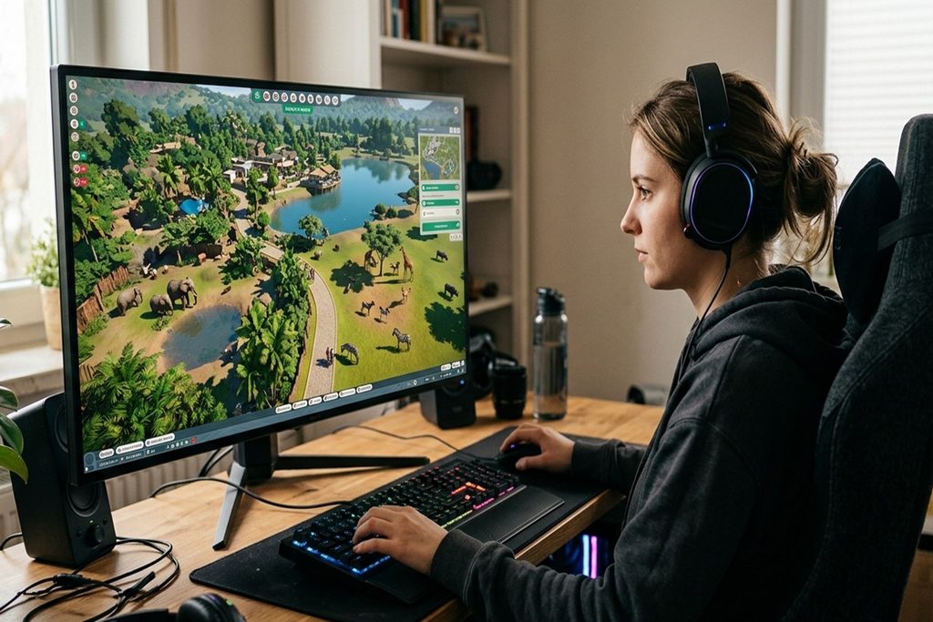 Une joueuse qui crée son parc animalier dans un jeu sur PC