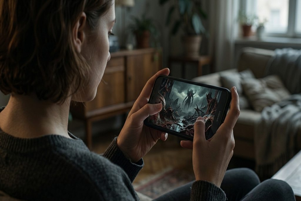Une jeune femme qui joue à un jeu d’horreur sur mobile