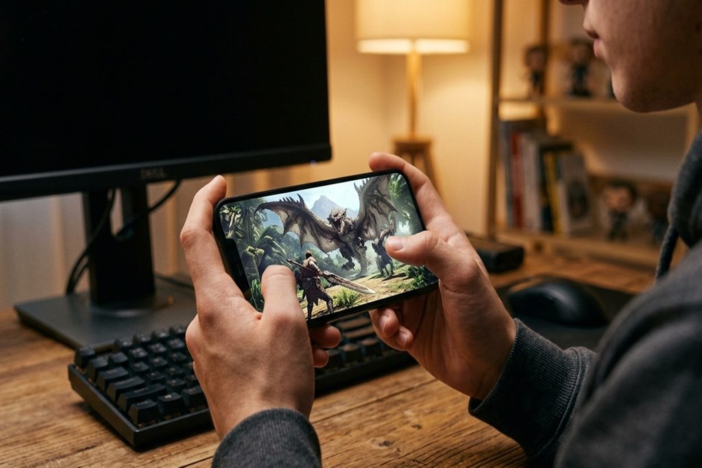 Un gamer qui joue à Monster Hunter sur son mobile