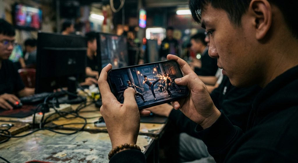 Un joueur jouant à un jeu de Kung Fu sur son mobile