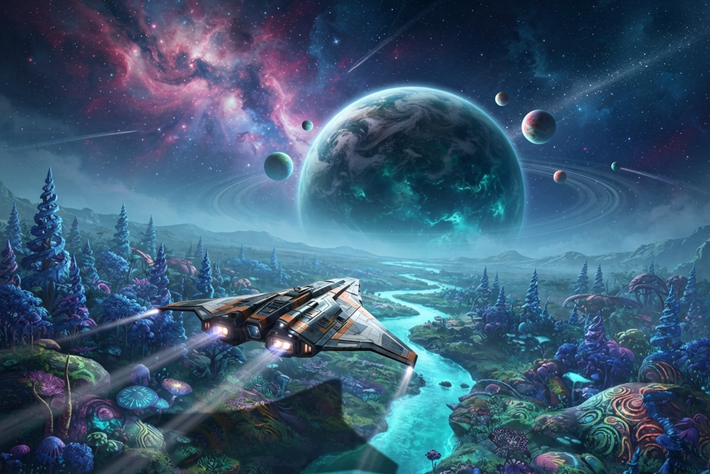 Un vaisseau spatial pendant l’exploration d’une planète