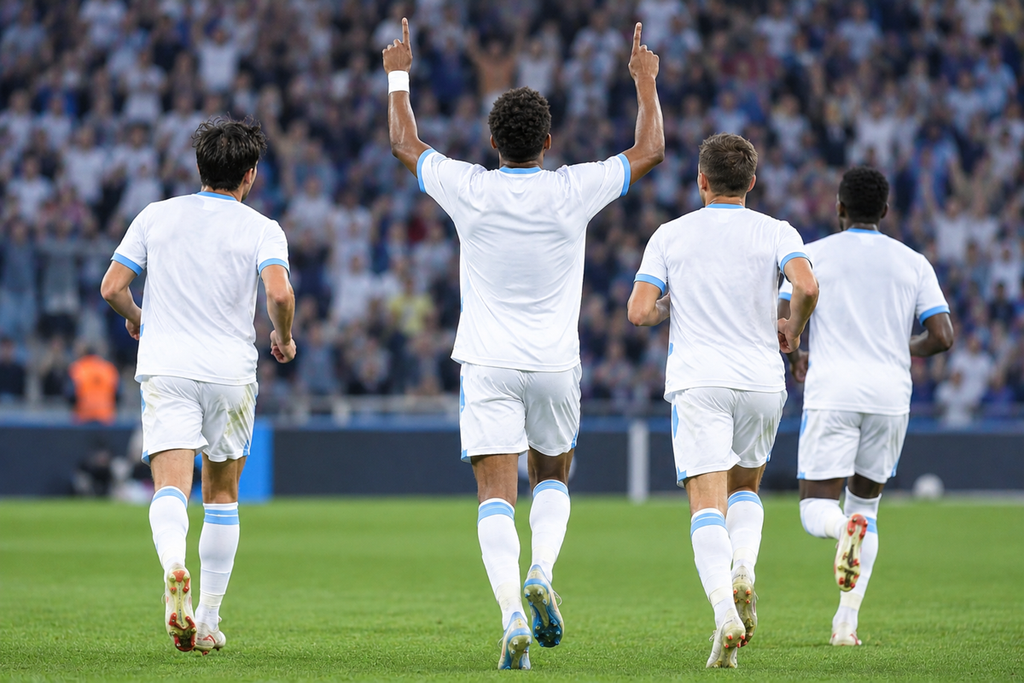 Les joueurs de Marseille qui célèbrent un but