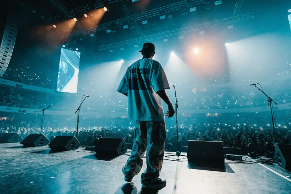 silhouette masculine de dos face à une scène de rap et un public rappelant Jul La Dragon