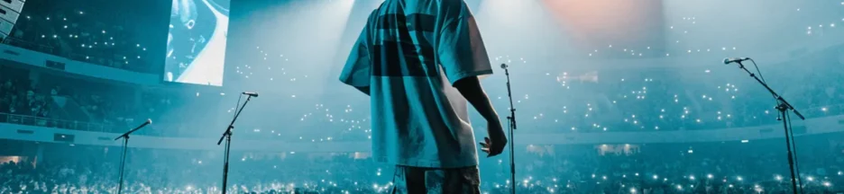 silhouette masculine de dos face à une scène de rap et un public rappelant Jul La Dragon