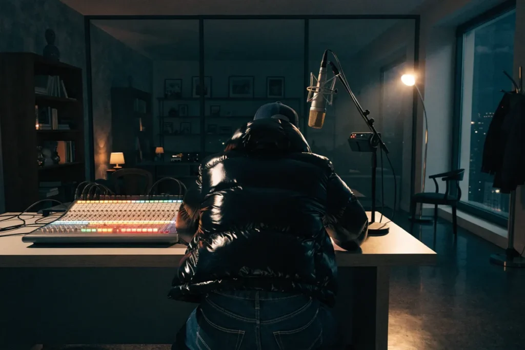 Musicien de dos dans un studio d’enregistrement, ambiance urbaine évoquant Jul La Dragon