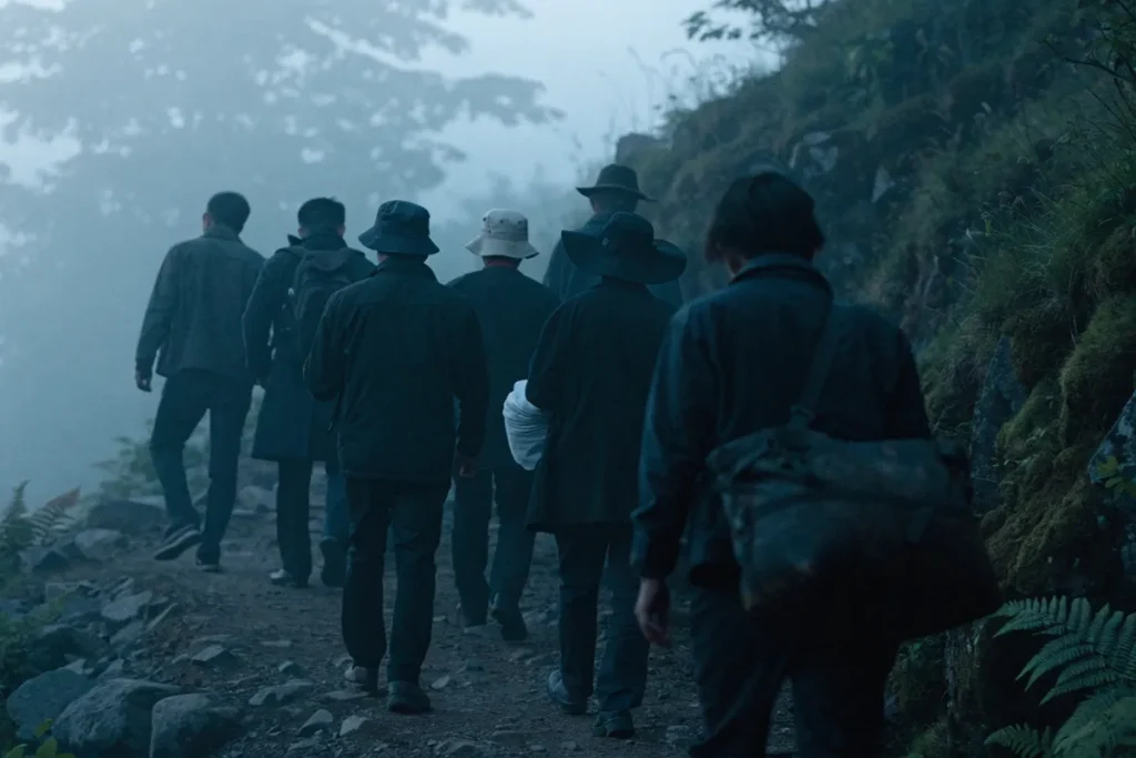 Un groupe de voyageurs progressant dans un paysage isolé et brumeux