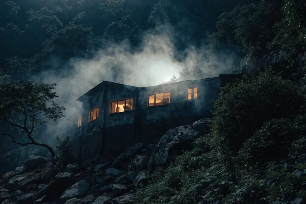 Refuge de montagne isolé au Vietnam à la nuit tombée évoquant Karaoke Murder