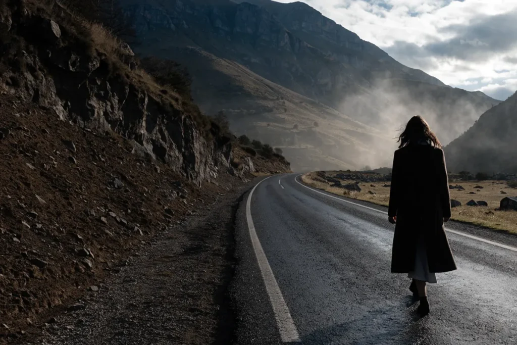 Une femme isolée sur une route brumeuse, évoquant l'atmosphère mystérieuse du thriller