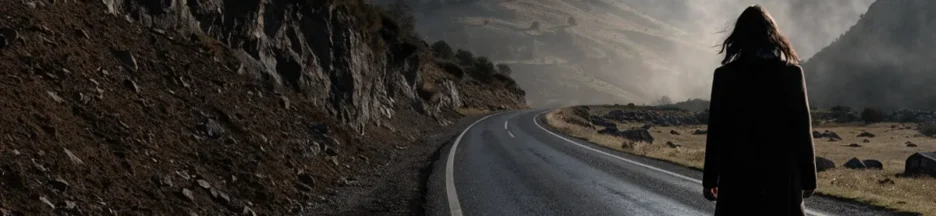Une femme isolée sur une route brumeuse, évoquant l'atmosphère mystérieuse du thriller