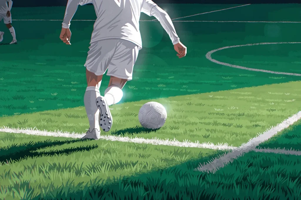 Illustration IA d’un footballeur évoquant Kylian Mbappé contrôlant le ballon près du but