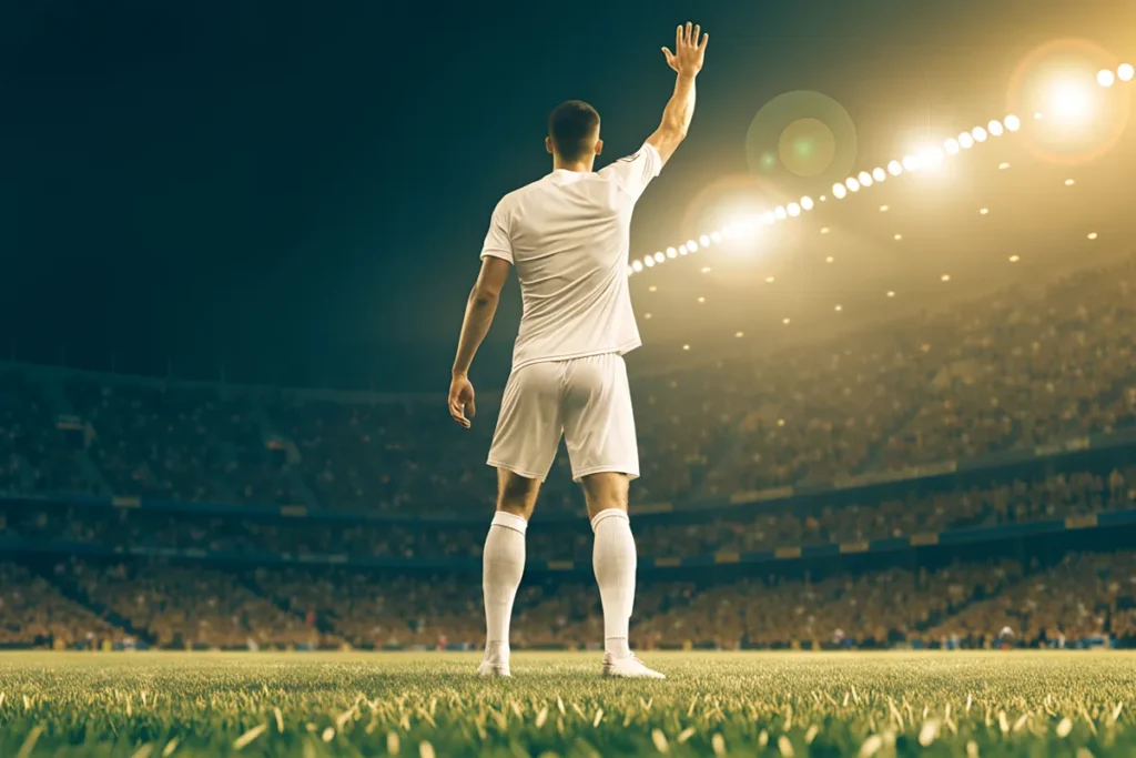 Attaquant célébrant un but devant le public d’un stade évoquant le joueur Kylian Mbappé