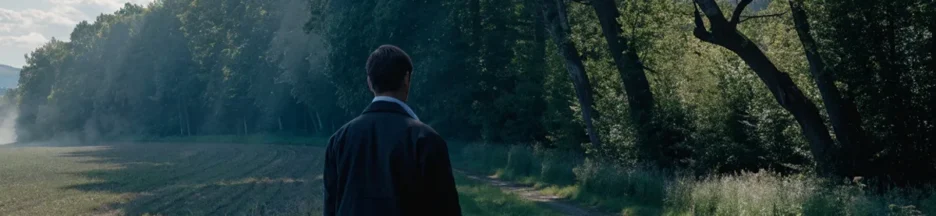 Un enquêteur observe une campagne plongée dans le mystère