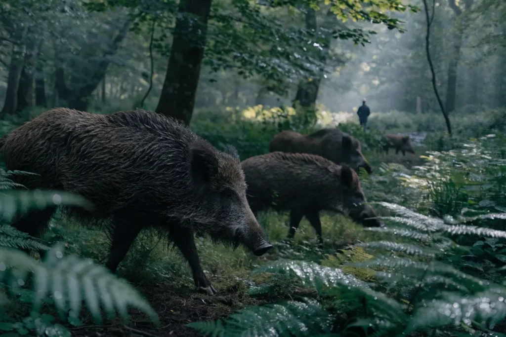 Des sangliers surgissent dans une forêt mystérieuse évoquant le film L'Espèce explosive