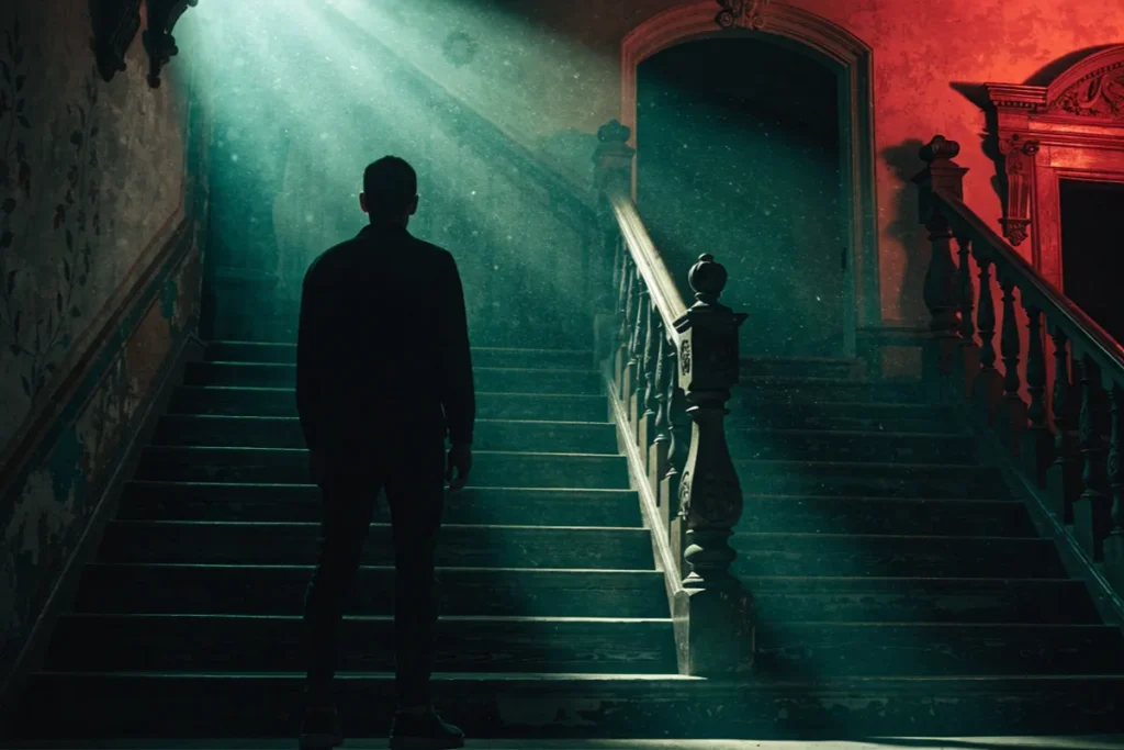 Une silhouette observe un escalier dans l’atmosphère de L’Exorciste Martyrs