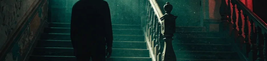 Une silhouette observe un escalier dans l’atmosphère de L’Exorciste : Martyrs