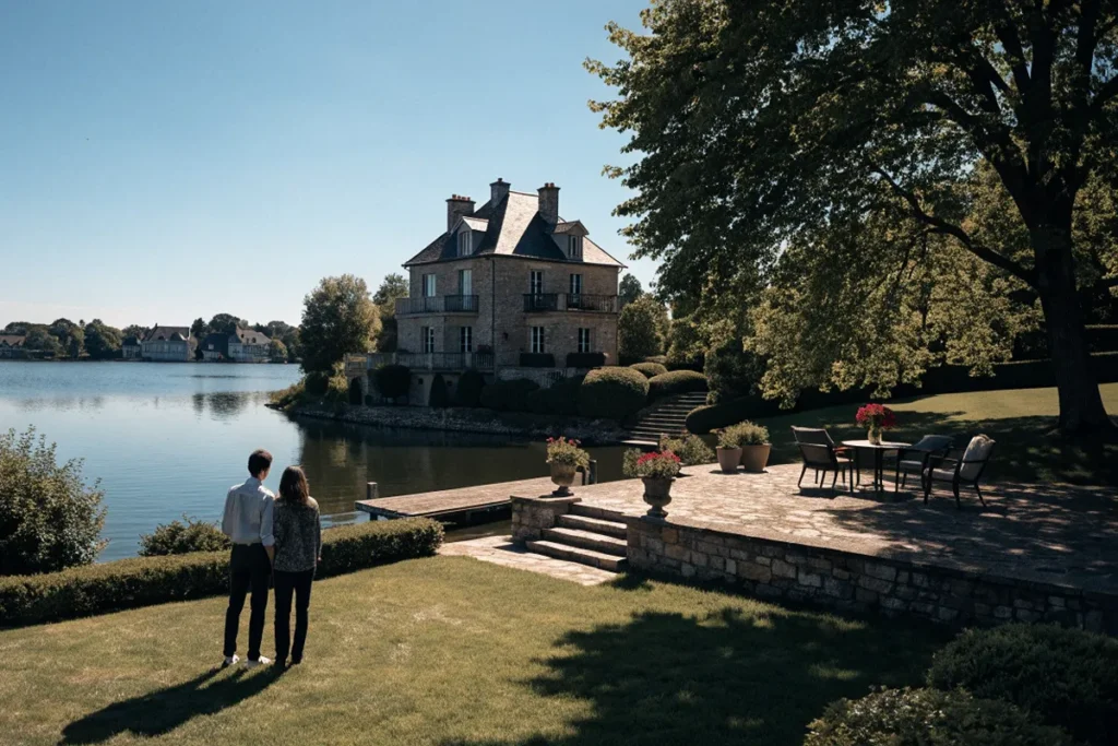 Un couple devant une propriété entouré d’un lac dans l’ambiance de La Maison de nos rêves