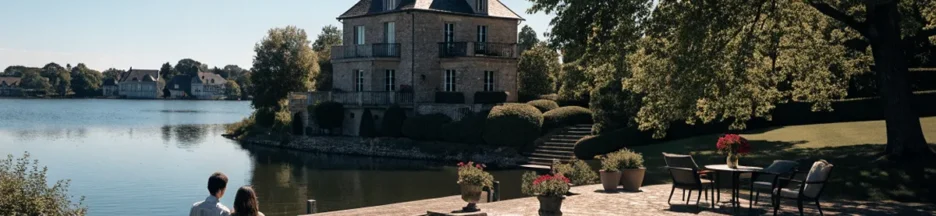 Un couple devant une propriété entouré d’un lac dans l’ambiance de La Maison de nos rêves